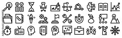 Set of 30 management and business thin line vector icons including search, to do list, energy, office chair, magnet, meeting, id card, folder and more