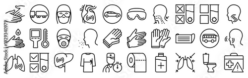 Set of 30 medical health protection thin line icons including doctor, mask, antiseptic, gloves, virus prevention symbols. Vector outline illustration pack