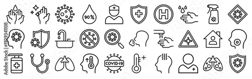Set of 30 pandemic and hygiene thin line icons including hand washing, covid, temperature, stethoscope, disinfectant, stay home, medical care and coronavirus prevention symbols