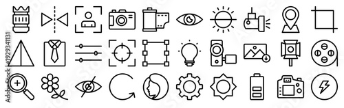 Set of 30 photography thin line icons including camera lens, focus, video camera, light, face detection, flip, loop for web and app design