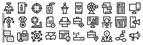 Set of 30 job resume thin line web icons including diagram, education, id card, computer, skills, briefcase, target, deadline elements. Outline vector illustration pack