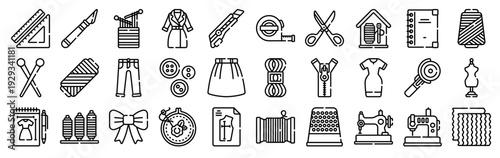 Set of 30 sewing thin line vector icons: ruler, embroidery, pattern, jacket, roller, thread, pins, scissors, needle, buttons, thimble, measuring tape, textile tools