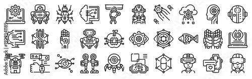 Set of 30 robotics thin line icons including robot, artificial intelligence, robotic arm, robotic hand, cyborg, hologram, drone, configuration, recognition technology for web and app design
