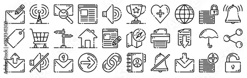 Set of 30 user interface thin line web icons: mail, link, website, printer, navigation, audio, tag, cart, email, contact, home, arrow. Vector outline stroke illustration pack