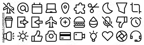 Set of 30 user interface thin line icons: flight mode, camera, credit card, laptop, brightness, dislike, coffee, drop, clock, calendar, login, logout, location, video, sound