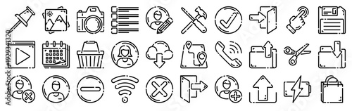 Set of 30 user interface thin line web icons: wifi, call, checklist, calendar, camera, video player, account, login, marker, cancel. Outline vector illustration