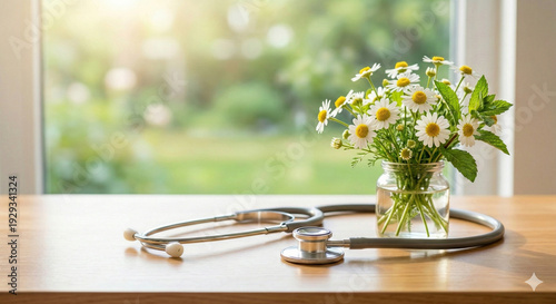 Medical stethoscope and fresh chamomile flowers on a sunlit nurse's desk by a window, symbol of healing and compassion.