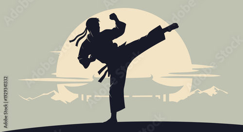 Martial Arts Silhouette: Karate Master Kick with Asian Temple and Sun Background