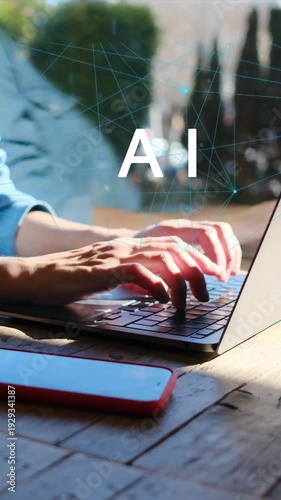 Artificial intelligence programming with a programmer's hands typing on a laptop keyboard, representing ai development, machine learning, and neural network data processing