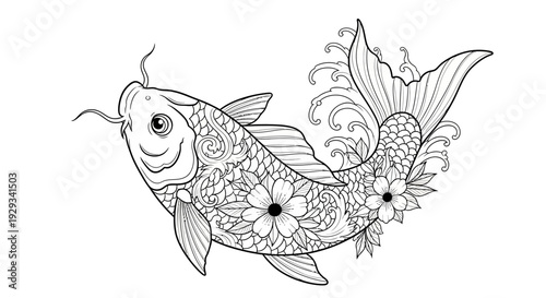 Koi fish with floral patterns and waves, line art illustration for coloring