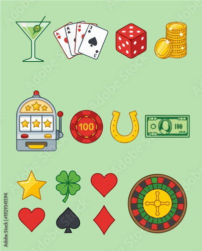 A colorful vector graphic illustration of various casino and gambling icons
