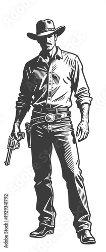 Western outlaw standing with a drawn revolver