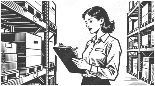 Female warehouse worker checking inventory with a clipboard