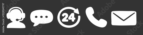 Flat white customer service icon set including headset agent, chat bubble, 24/7 support, phone, and email on a dark background. Vector illustration.