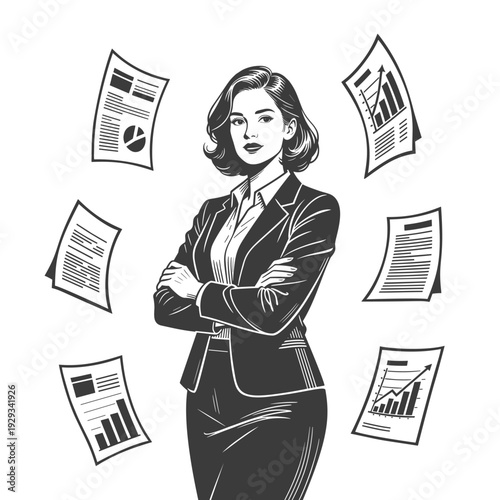 Confident businesswoman surrounded by flying charts and documents