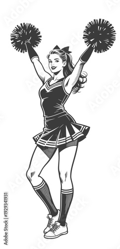 Vintage black and white vector illustration of a cheerful cheerleader girl with pom-poms raised high in energetic pose