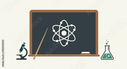 Science Classroom: Atom Model, Microscope, Flask, Chalkboard