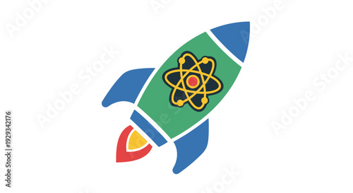 Cartoon Rocket Ship with Atom Symbol, Science and Space Exploration Concept