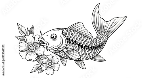 Koi Fish and Cherry Blossoms Tattoo Design, Black and White Outline