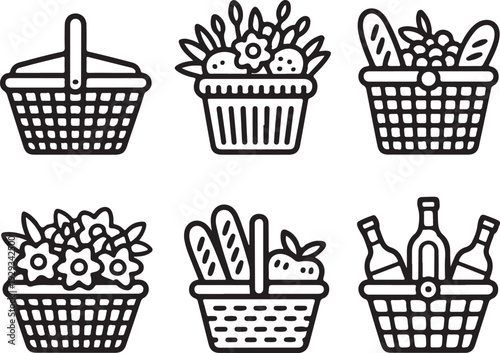 Six shopping baskets filled with various grocery items