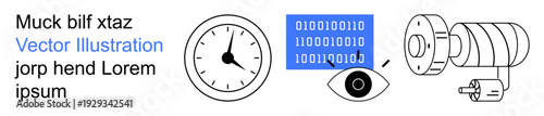 Surveillance systems, digital technology, cybersecurity, data privacy, time management, efficiency tracking. Clock, binary code with an eye and a camera. Surveillance systems and digital technology