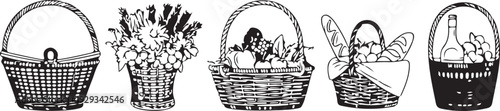 Five black and white illustrations of baskets with different contents