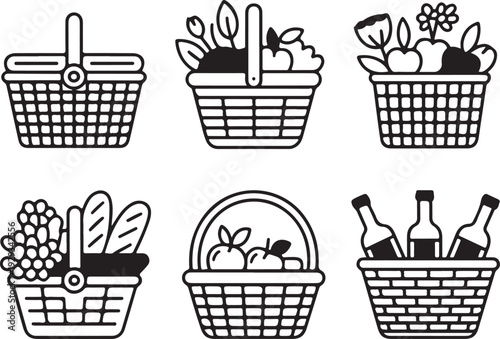 Six shopping baskets filled with various grocery items