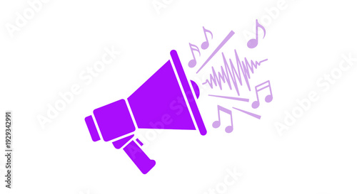 Purple megaphone with music notes and sound waves