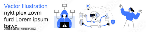 Cybersecurity, AI, robotic systems, digital communication, data protection, human interaction. Hoodie-clad person hacking, robot managing data individual pointing. Cybersecurity and AI concept