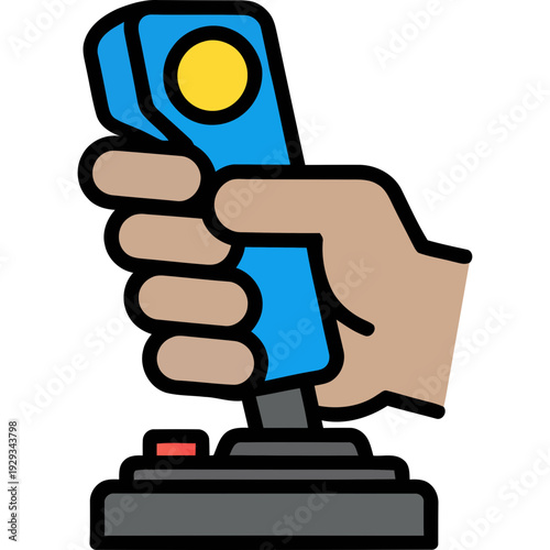 Hand holding blue joystick controller with yellow button on white background illustration