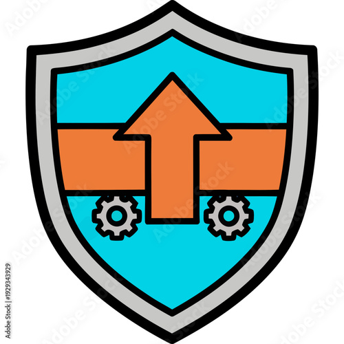 A shield with a large orange arrow pointing upwards and two gears on a blue background.