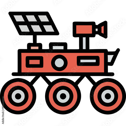 A red robotic rover vehicle with solar panel and camera on top moves forward on three wheels.