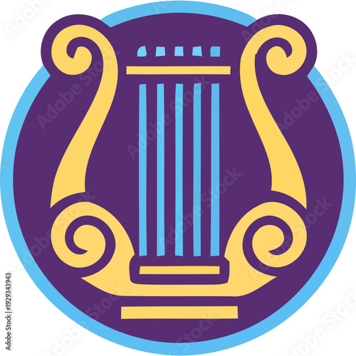 Vibrant illustration of a lyre on a purple background with yellow accents and blue details.