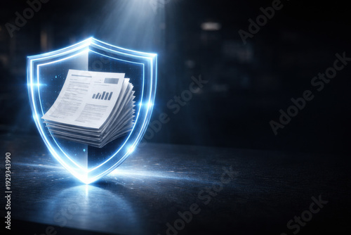 Stack of business documents enclosed in a glowing shield. Concept of data protection, document security, regulatory compliance, privacy, and secure information management.