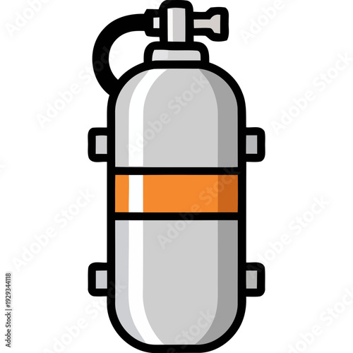An illustration of a gray scuba diving oxygen tank with orange stripe and black regulator.