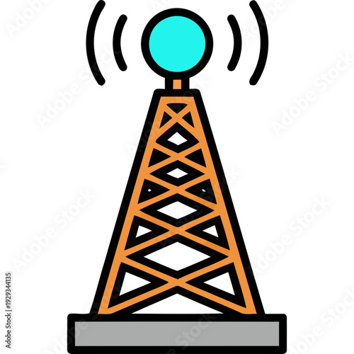 Illustration of a tall orange radio broadcasting tower with a teal sphere on top emitting signals.