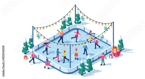 people ice skating on outdoor rink with Christmas lights hand drawn winter holiday illustration