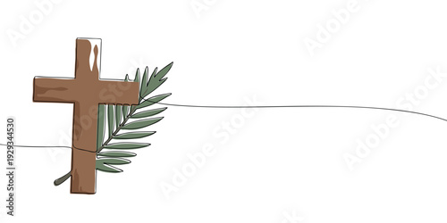 Illustration of a wooden Christian cross with palm branches, symbolizing faith, Palm Sunday, worship, peace, and spiritual devotion in a soft, minimal style.