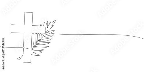 Minimal line illustration of a Christian cross with palm branch, symbolizing Palm Sunday, faith, worship, peace, and religious tradition.