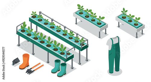 isometric hydroponic farming system with green plants gardening tools and worker outfit set