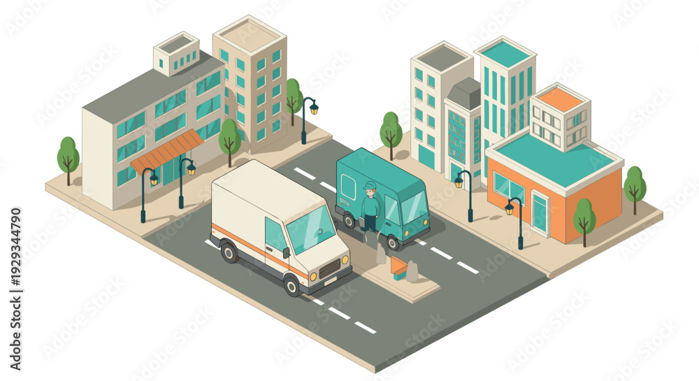 Obraz premium isometric street scene with delivery vans buildings man and trees in flat style