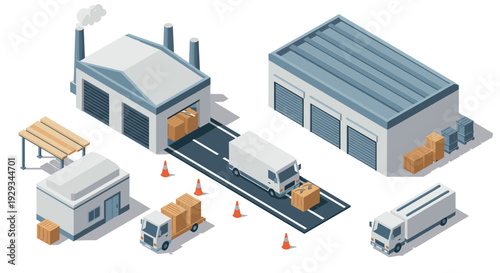 isometric delivery warehouse set with trucks packages and industrial buildings in vector style
