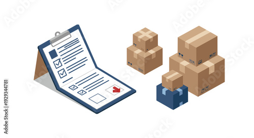 clipboard checklist and stack of cardboard boxes in isometric style for logistics and shipping concept
