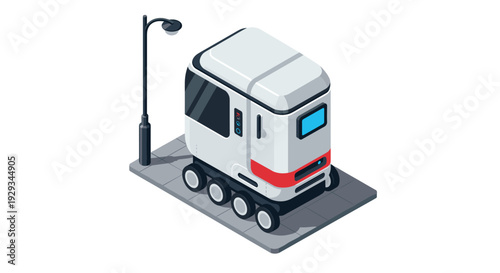 autonomous delivery robot with six wheels on sidewalk next to street lamp isometric technology illustration
