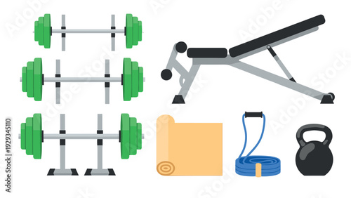 set of gym equipment with weightlifting bench dumbbells mat jump rope and kettlebell in flat style