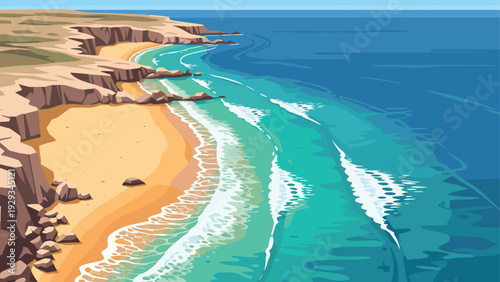 aerial view of rocky coast with sandy beach and turquoise waves hand drawn landscape illustration