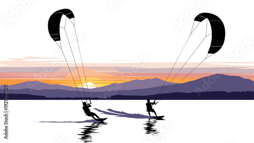 silhouettes of two kite surfers gliding on water at sunset with mountain background vector illustration