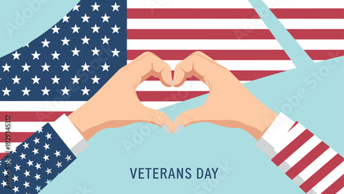 hands forming heart shape with american flag sleeves and veterans day text flat illustration