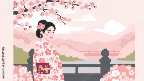 woman wearing traditional kimono under cherry blossom tree with scenic garden background flat illustration