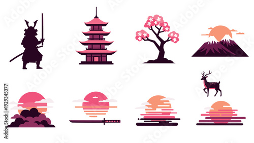 set of hand drawn japanese culture icons with samurai pagoda cherry blossom mountain and sunset scenes